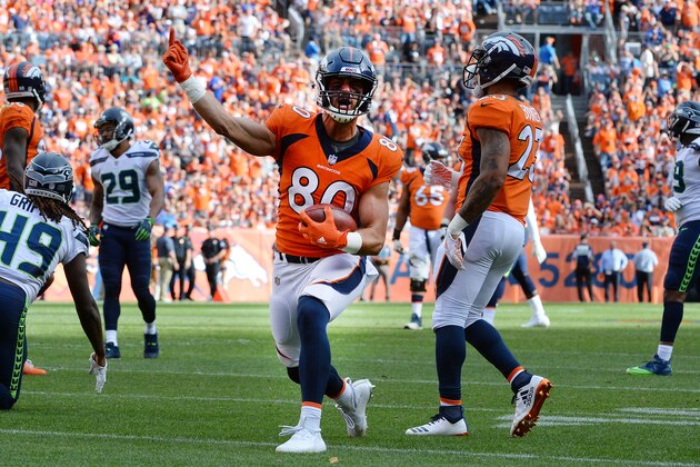 DENVER, CO - SEPTEMBER 9:  Tight end Jake Butt #80 of the Denver Broncos celebrates a first down against the Seattle Seahawks at Broncos Stadium at Mile High on September 9, 2018 in {Denver, Colorado. (Photo by Bart Young/Getty Images)