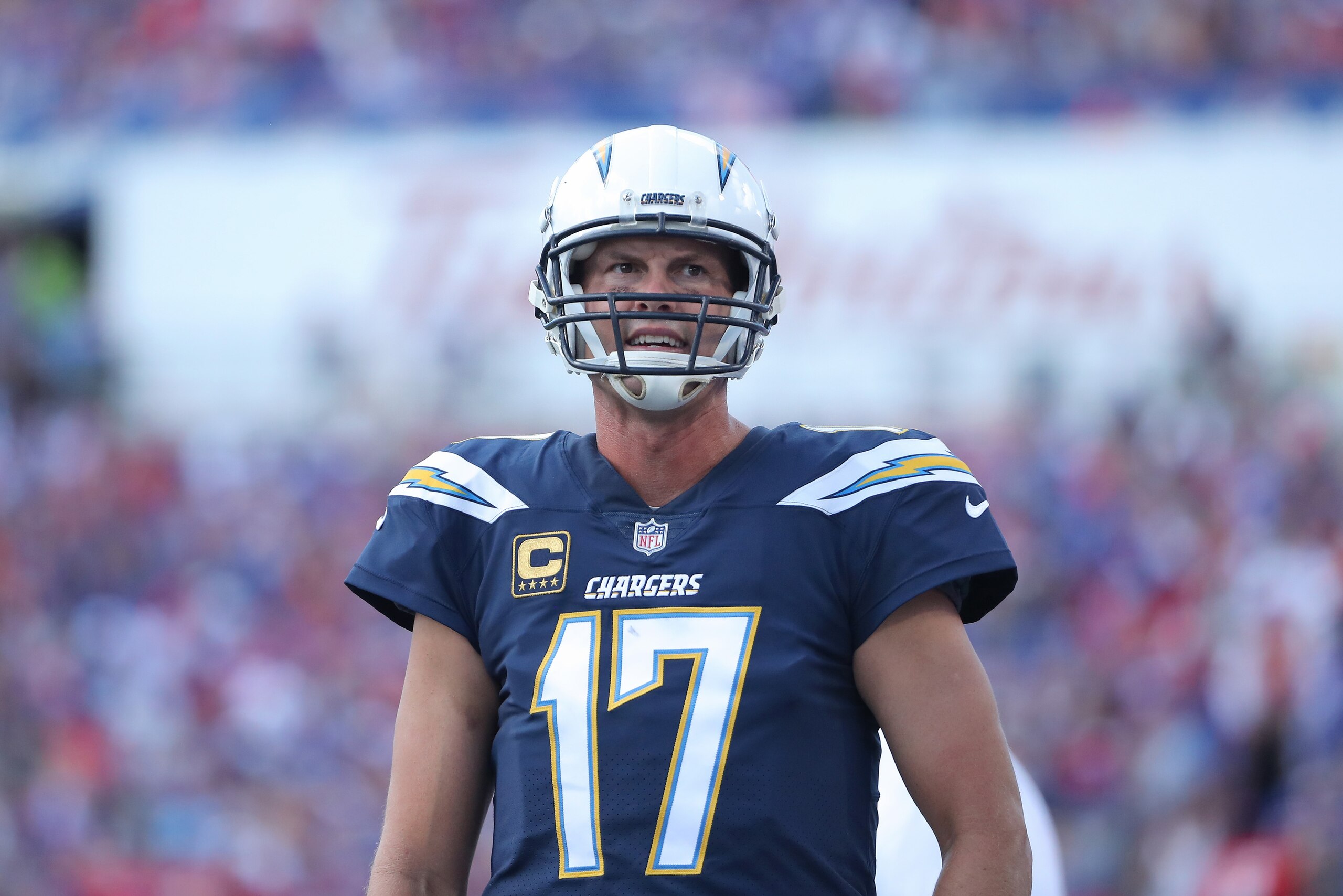 BUFFALO, NY - SEPTEMBER 16: Philip Rivers #17 of the Los Angeles Chargers during NFL game action against the Buffalo Bills at New Era Field on September 16, 2018 in Buffalo, New York. (Photo by Tom Szczerbowski/Getty Images)