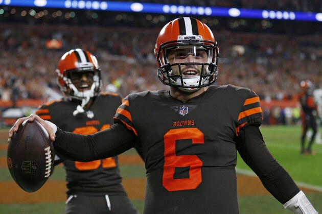 Cleveland Browns quarterback Baker Mayfield celebrates after scoring a 2-point conversion during the second half of an NFL football game against the New York Jets, Thursday, Sept. 20, 2018, in Cleveland. (AP Photo/Ron Schwane)