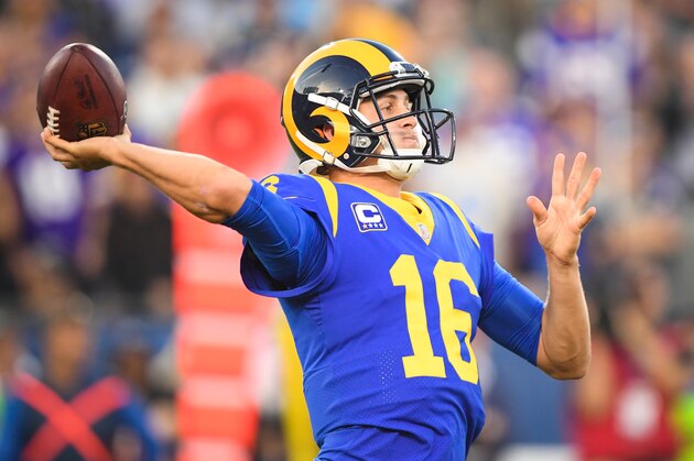 LOS ANGELES, CA - SEPTEMBER 27: Quarterback Jared Goff #16 of the Los Angeles Rams throws for a touchdown to take a 14-10 lead over the Minnesota Vikings in the second quarter at Los Angeles Memorial Coliseum on September 27, 2018 in Los Angeles, California. (Photo by Harry How/Getty Images)