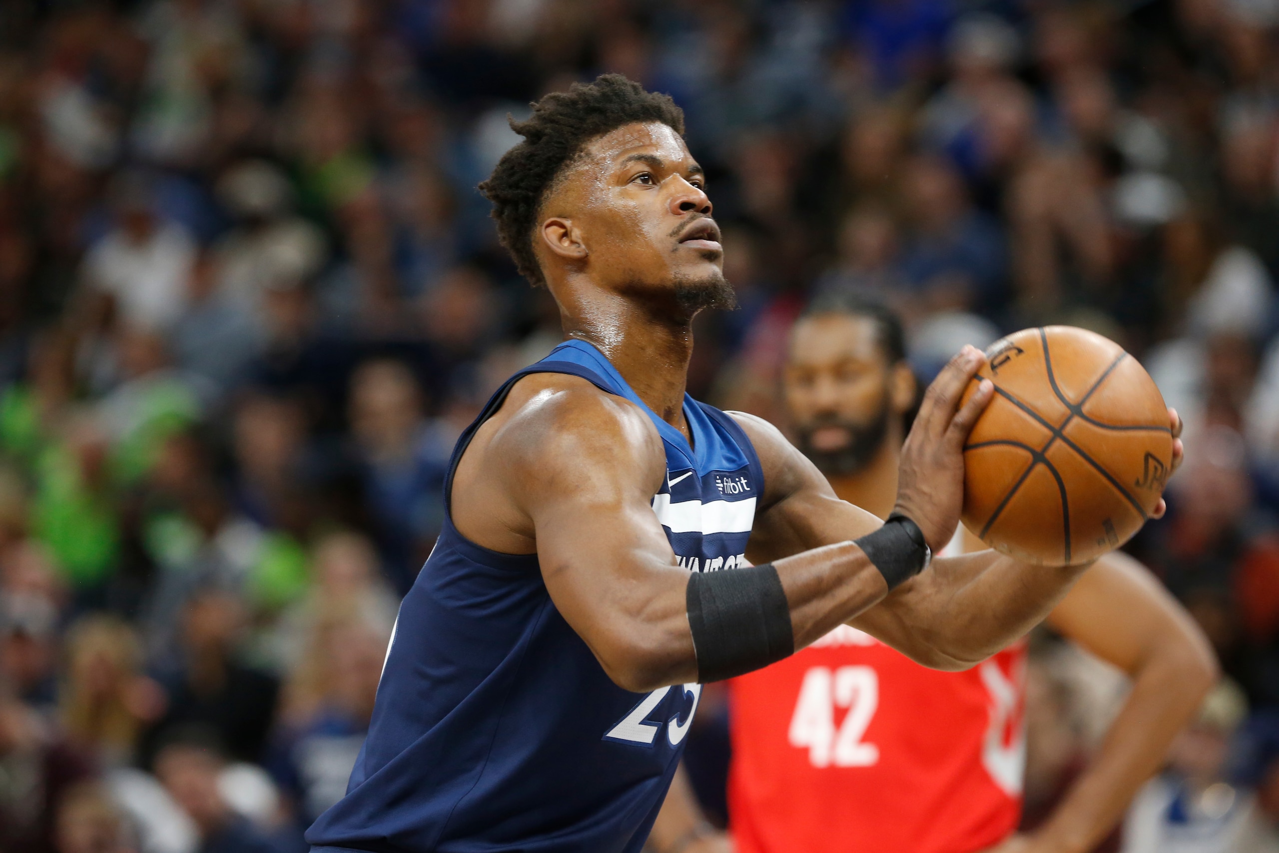 Minnesota Timberwolves' Jimmy Butler plays against the Houston Rockets in the first half during Game 3 of an NBA basketball first round playoff series Saturday, April 21, 2018, in Minneapolis. (AP Photo/Jim Mone) Minnesota Timberwolves' Jimmy Butler plays against the Houston Rockets in the first half during Game 3 of an NBA basketball first round playoff series Saturday, April 21, 2018, in Minneapolis. (AP Photo/Jim Mone)