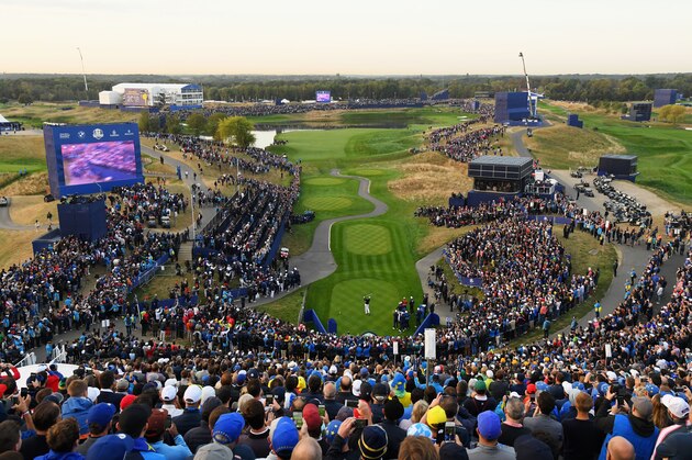 PARIS, FRANCE - SEPTEMBER 28: Tony Finau of the United States tees off on the 1st during the morning fourball matches of the 2018 Ryder Cup at Le Golf National on September 28, 2018 in Paris, France.  (Photo by Ross Kinnaird/Getty Images)