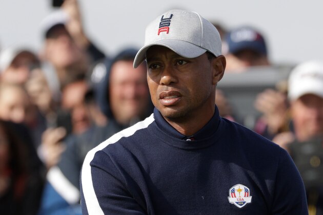 US golfer Tiger Woods reacts  during his fourball match on the first day of the 42nd Ryder Cup at Le Golf National Course at Saint-Quentin-en-Yvelines, south-west of Paris on September 28, 2018. (Photo by Geoffroy VAN DER HASSELT / AFP)        (Photo credit should read GEOFFROY VAN DER HASSELT/AFP/Getty Images)