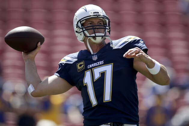 Los Angeles Chargers quarterback Philip Rivers warms up before an NFL football game against the Los Angeles Rams Sunday, Sept. 23, 2018, in Los Angeles. (AP Photo/Jae C. Hong)