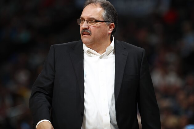 Detroit Pistons head coach Stan Van Gundy in the first half of an NBA basketball game Thursday, March 15, 2018, in Denver. (AP Photo/David Zalubowski)