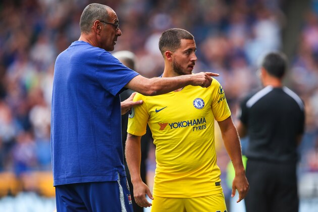 HUDDERSFIELD, ENGLAND - AUGUST 11: Maurizio Sarri head coach / manager of Chelsea and Eden Hazard of Chelsea  during the Premier League match between Huddersfield Town and Chelsea FC at John Smith's Stadium on August 11, 2018 in Huddersfield, United Kingdom. (Photo by Robbie Jay Barratt - AMA/Getty Images)
