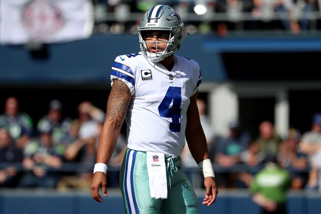 SEATTLE, WA - SEPTEMBER 23:  Dak Prescott #4 of the Dallas Cowboys reacts in the first quarter against the Seattle Seahawks during their game at CenturyLink Field on September 23, 2018 in Seattle, Washington.  (Photo by Abbie Parr/Getty Images)