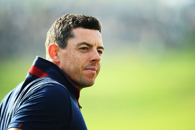 Europe's Northern Irish golfer Rory McIlroy reacts  during his foursomes match on the first day of the 42nd Ryder Cup at Le Golf National Course at Saint-Quentin-en-Yvelines, south-west of Paris on September 28, 2018. (Photo by FRANCK FIFE / AFP)        (Photo credit should read FRANCK FIFE/AFP/Getty Images)
