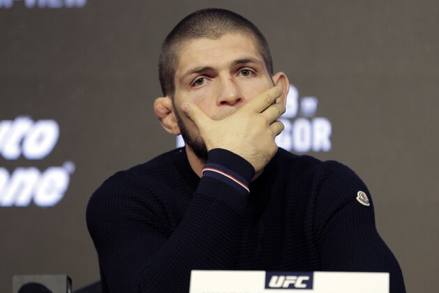 Khabib Nurmagomedov participates in a news conference in New York, Thursday, Sept. 20, 2018. Conor McGregor is returning to UFC after a two-year absence. He fights undefeated Nurmagomedov on Oct. 6. (AP Photo/Seth Wenig)