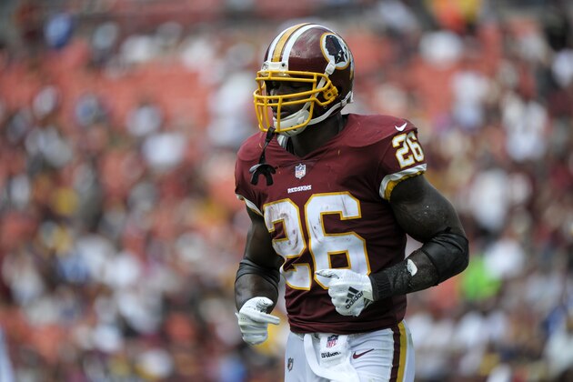 Washington Redskins running back Adrian Peterson comes to the sideline during an NFL football game against the Indianapolis Colts, Sunday, Sept. 16, 2018, in Landover, Md. (AP Photo/Mark Tenally)