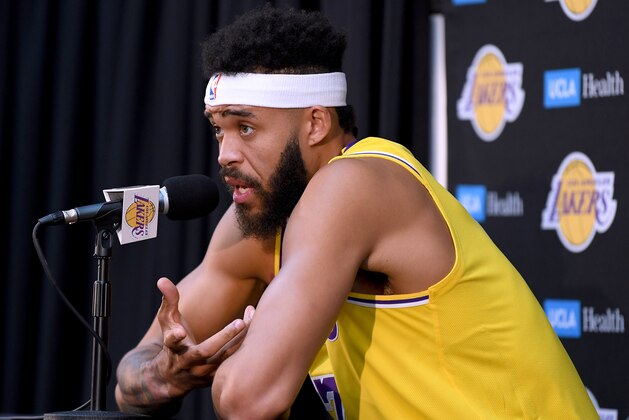 EL SEGUNDO, CA - SEPTEMBER 24:  Javale McGee of the Los Angeles Lakers speaks during the Los Angeles Lakers Media Day at the UCLA Health Training Center on September 24, 2018 in El Segundo, California.  (Photo by Harry How/Getty Images)