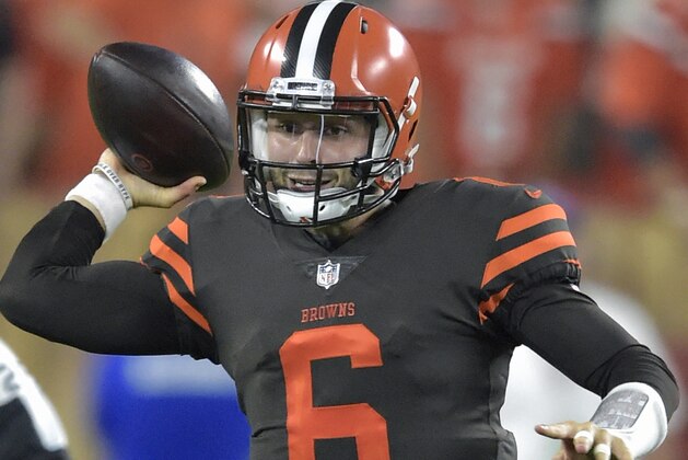FILE - In this Sept. 20, 2018, file photo, Cleveland Browns quarterback Baker Mayfield throws a pass during the second half of the team's NFL football game against the New York Jets, in Cleveland.  The Browns got their first win in 18 games by beating the Jets, and top overall draft choice Baker Mayfield led the way to take over as starting quarterback. (AP Photo/David Richard, File)