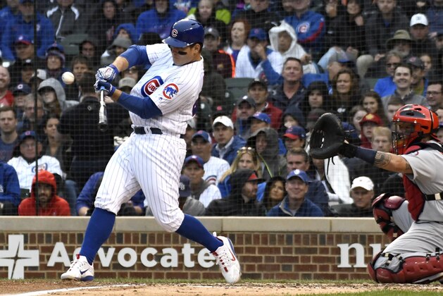 CHICAGO, IL - SEPTEMBER 28: Anthony Rizzo #44 of the Chicago Cubs hits an RBI sacrifice fly ball against the St. Louis Cardinals during the fifth inning on September 28, 2018 at Wrigley Field  in Chicago, Illinois. (Photo by David Banks/Getty Images)