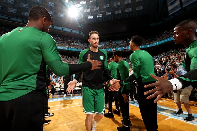 CHAPEL HILL, NC - SEPTEMBER 28:  Gordon Hayward #20 of the Boston Celtics is introduced against the Charlotte Hornets during a pre-season game on September 28, 2018 at Dean E. Smith Center in Chapel Hill, North Carolina. NOTE TO USER: User expressly acknowledges and agrees that, by downloading and or using this photograph, User is consenting to the terms and conditions of the Getty Images License Agreement.  Mandatory Copyright Notice:  Copyright 2018 NBAE (Photo by Kent Smith/NBAE via Getty Images)