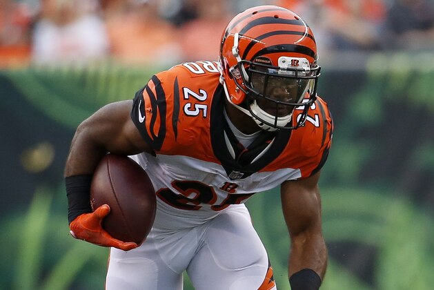 Cincinnati Bengals running back Giovani Bernard runs the ball in the first half of an NFL preseason football game against the Chicago Bears, Thursday, Aug. 9, 2018, in Cincinnati. (AP Photo/Frank Victores)