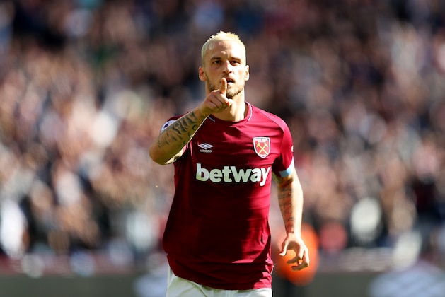 LONDON, ENGLAND - SEPTEMBER 29:  Marko Arnautovic of West Ham United celebrates scoring his sides third goal during the Premier League match between West Ham United and Manchester United at London Stadium on September 29, 2018 in London, United Kingdom.  (Photo by Warren Little/Getty Images)