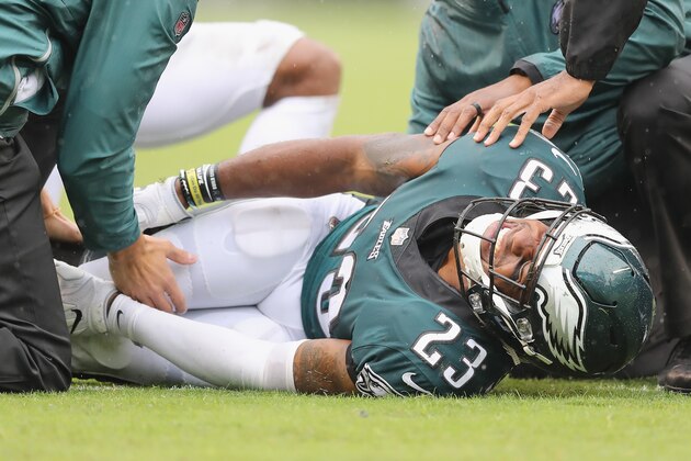PHILADELPHIA, PA - SEPTEMBER 23:  Defensive back Rodney McLeod #23 of the Philadelphia Eagles reacts after being injured while playing against the Indianapolis Colts during the third quarter at Lincoln Financial Field on September 23, 2018 in Philadelphia, Pennsylvania.  (Photo by Elsa/Getty Images)