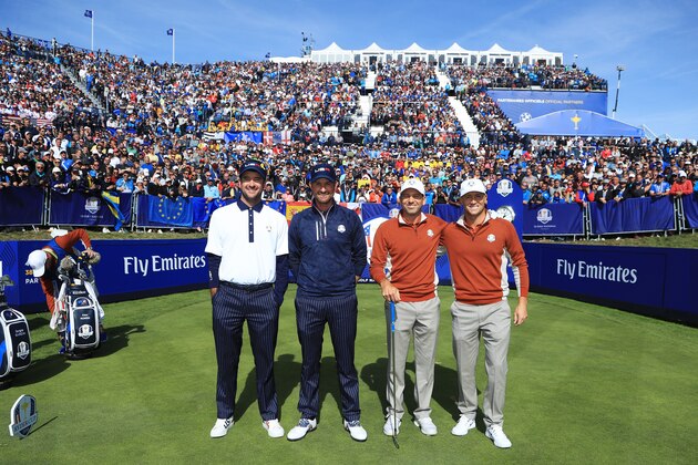 PARIS, FRANCE - SEPTEMBER 29: Bubba Watson of the United States and Webb Simpson of the United States face Sergio Garcia of Europe and Alex Noren of Europe during the afternoon foursome matches of the 2018 Ryder Cup at Le Golf National on September 29, 2018 in Paris, France.  (Photo by Andrew Redington/Getty Images)
