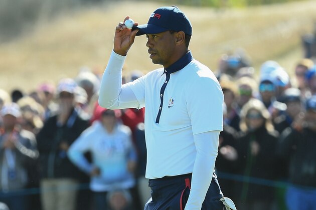 US golfer Tiger Woods reacts during his foursomes match on the second day of the 42nd Ryder Cup at Le Golf National Course at Saint-Quentin-en-Yvelines, south-west of Paris, on September 29, 2018. (Photo by FRANCK FIFE / AFP)        (Photo credit should read FRANCK FIFE/AFP/Getty Images)