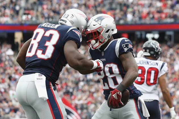 FOXBOROUGH, MA - SEPTEMBER 09:  James White #28 of the New England Patriots celebrates with Dwayne Allen #83 after scoring a second quarter touchdown against the Houston Texans at Gillette Stadium on September 9, 2018 in Foxborough, Massachusetts.  (Photo by Maddie Meyer/Getty Images)