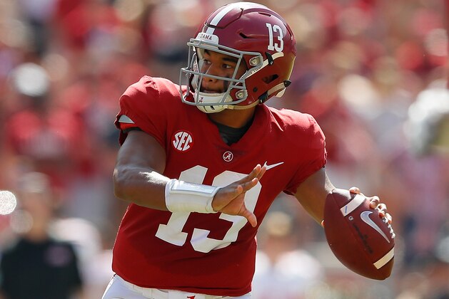 TUSCALOOSA, AL - SEPTEMBER 29:  Tua Tagovailoa #13 of the Alabama Crimson Tide looks to pass against the Louisiana Ragin Cajuns at Bryant-Denny Stadium on September 29, 2018 in Tuscaloosa, Alabama.  (Photo by Kevin C. Cox/Getty Images)