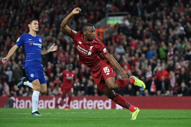 Liverpool's English striker Daniel Sturridge watches as he misses an open goal during the English League Cup third round football match between Liverpool and Chelsea at Anfield in Liverpool, north west England on September 26, 2018. (Photo by Paul ELLIS / AFP) / RESTRICTED TO EDITORIAL USE. No use with unauthorized audio, video, data, fixture lists, club/league logos or 'live' services. Online in-match use limited to 120 images. An additional 40 images may be used in extra time. No video emulation. Social media in-match use limited to 120 images. An additional 40 images may be used in extra time. No use in betting publications, games or single club/league/player publications. /         (Photo credit should read PAUL ELLIS/AFP/Getty Images)