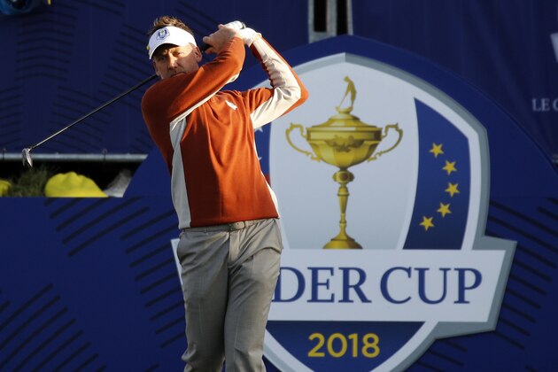 Europe's Ian Poulter tees off on the 1st hole during his fourball match on second day of the 2018 Ryder Cup at Le Golf National in Saint Quentin-en-Yvelines, outside Paris, France, Saturday, Sept. 29, 2018. (AP Photo/Francois Mori)