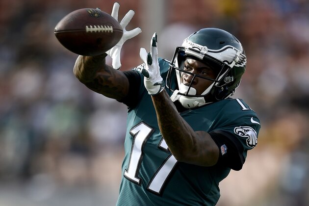FILE - In this Dec. 10, 2017, file photo, Philadelphia Eagles wide receiver Alshon Jeffery warms up before an NFL football game against the Los Angeles Rams in Los Angeles. The Eagles and the New England Patriots are set to meet in Super Bowl 52 on Sunday, Feb. 4, 2018, in Minneapolis. (AP Photo/Kelvin Kuo, File)