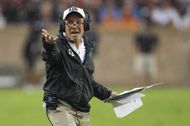 Texas A&M head coach Jimbo Fisher reacts after a call during the first half of an NCAA college football game against Clemson, Saturday, Sept. 8, 2018, in College Station, Texas. (AP Photo/Sam Craft)