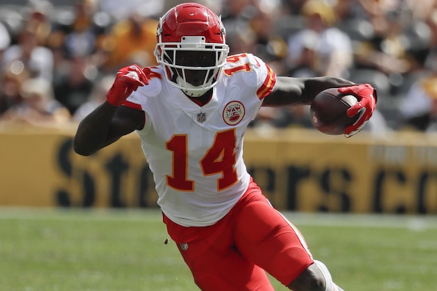 Kansas City Chiefs wide receiver Sammy Watkins (14) plays in an NFL football game against the Pittsburgh Steelers, Sunday, Sept. 16, 2018, in Pittsburgh. (AP Photo/Gene J. Puskar)