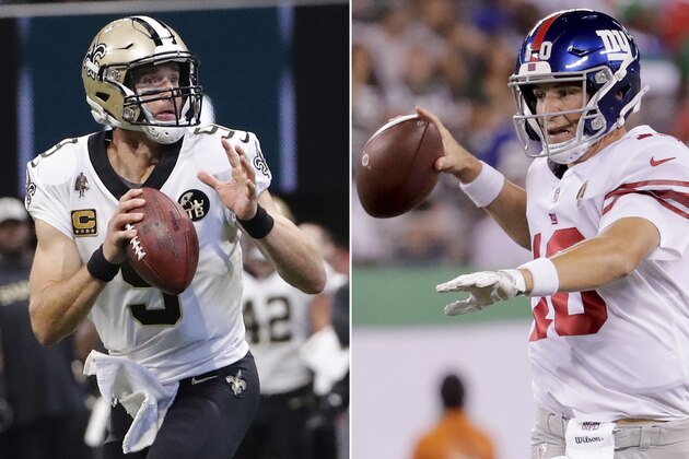 FILE - At left, in a Sept. 23, 2018, file photo, New Orleans Saints quarterback Drew Brees (9) works against the Atlanta Falcons during the first half of an NFL football game, in Atlanta. At right, in an Aug. 24, 2018, file photo, New York Giants quarterback Eli Manning (10) looks to pass against the New York Jets during the first half  of an NFL football game, in East Rutherford, N.J. The Saints play at the Giants on Sunday, Sept. 30. (AP Photo/File)