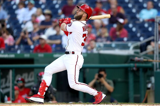 WASHINGTON, DC - SEPTEMBER 26: Bryce Harper #34 of the Washington Nationals bats against the Miami Marlins in the first inning at Nationals Park on September 26, 2018 in Washington, DC. (Photo by Rob Carr/Getty Images)