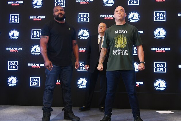 NEW YORK, NY - JUNE 26:  (L-R) Quinton 'Rampage' Jackson, President of Bellator Scott Coker and Wanderlei Silva attend the Bellator-DAZN announcement press conference on June 26, 2018 at Viacom in New York City.  (Photo by Dave Kotinsky/Getty Images for Bellator MMA)