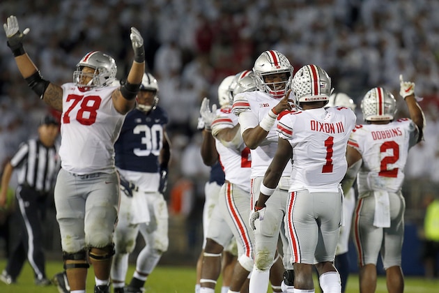 STATE COLLEGE, PA - SEPTEMBER 29:  Dwayne Haskins #7 of the Ohio State Buckeyes celebrates with Johnnie Dixon #1 after defeating the Penn State Nittany Lions  on September 29, 2018 at Beaver Stadium in State College, Pennsylvania.  (Photo by Justin K. Aller/Getty Images)