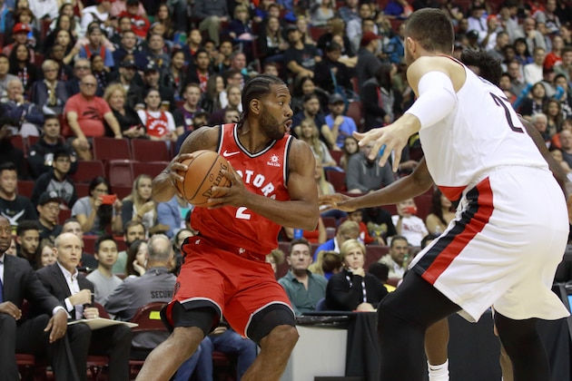 VANCOUVER, BC - SEPTEMBER 29: Kawhi Leonard #2 of the Toronto Raptors handles the ball against the Portland Trail Blazers during a preseason game on September 29, 2018 at Rogers Arena in Vancouver, British Columbia, Canada. NOTE TO USER: User expressly acknowledges and agrees that, by downloading and or using this photograph, user is consenting to the terms and conditions of Getty Images License Agreement. Mandatory Copyright Notice: Copyright 2018 NBAE (Photo by Jeff Vinnick/NBAE via Getty Images)