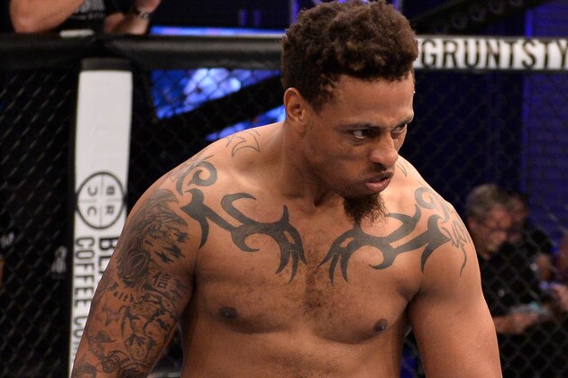 LAS VEGAS, NV - AUGUST 07:  Greg Hardy celebrates after his TKO victory over Tebaris Gordon in their heavyweight fight during Dana White's Tuesday Night Contender Series at the TUF Gym on August 7, 2018 in Las Vegas, Nevada. (Photo by Chris Unger/DWTNCS LLC)