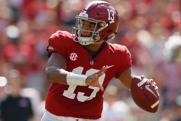 TUSCALOOSA, AL - SEPTEMBER 29:  Tua Tagovailoa #13 of the Alabama Crimson Tide looks to pass against the Louisiana Ragin Cajuns at Bryant-Denny Stadium on September 29, 2018 in Tuscaloosa, Alabama.  (Photo by Kevin C. Cox/Getty Images)