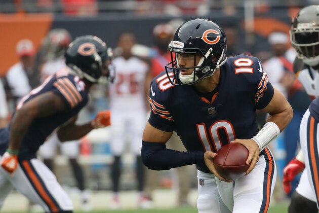 CHICAGO, IL - SEPTEMBER 30:  Quarterback Mitchell Trubisky #10 of the Chicago Bears controls the football in the first quarter against the Tampa Bay Buccaneers at Soldier Field on September 30, 2018 in Chicago, Illinois.  (Photo by Jonathan Daniel/Getty Images)