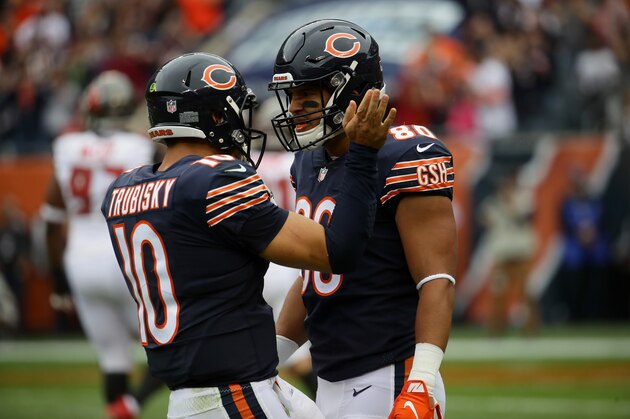 CHICAGO, IL - SEPTEMBER 30:  Quarterback Mitchell Trubisky #10 and Trey Burton #80 of the Chicago Bears celebrate after Burton scored against the Tampa Bay Buccaneers in the first quarter at Soldier Field on September 30, 2018 in Chicago, Illinois.  (Photo by Jonathan Daniel/Getty Images)