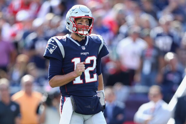 FOXBOROUGH, MA - SEPTEMBER 30:  Tom Brady #12 of the New England Patriots reacts during the first half against the Miami Dolphins at Gillette Stadium on September 30, 2018 in Foxborough, Massachusetts.  (Photo by Maddie Meyer/Getty Images)