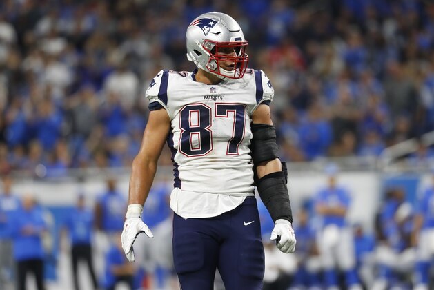New England Patriots tight end Rob Gronkowski is seen during the second half of an NFL football game against the Detroit Lions, Sunday, Sept. 23, 2018, in Detroit. (AP Photo/Paul Sancya)