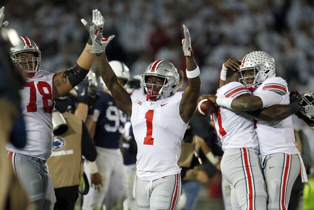 STATE COLLEGE, PA - SEPTEMBER 29:  Johnnie Dixon #1 of the Ohio State Buckeyes celebrates after defeating the Penn State Nittany Lions on September 29, 2018 at Beaver Stadium in State College, Pennsylvania.  (Photo by Justin K. Aller/Getty Images)