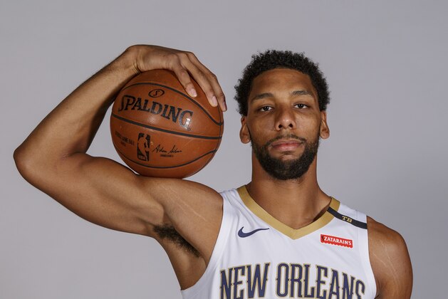 New Orleans Pelicans center Jahlil Okafor (8) poses for a photograph during media day at the NBA basketball team's practice facility in Metairie, La., Monday, Sept. 24, 2018. (AP Photo/Matthew Hinton)
