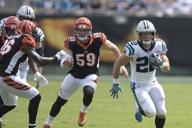 FILE - In this Sunday, Sept. 23, 2018. file photo, Carolina Panthers' Christian McCaffrey (22) breaks away for a long gain against the Cincinnati Bengals during the first half of an NFL football game in Charlotte, N.C.,  If you’re still thinking Christian McCaffrey is just a receiving back, it may be time to reconsider. The Panthers second-year running back had a perception-changing game on Sunday, rushing for a career-high 184 yards on 28 carries while playing all 67 offensive snaps in a 31-21 win over the Cincinnati Bengals. It was an eye-opening outing for a player who’d never run for more than 66 yards in a game. (AP Photo/Mike McCarn, File)
