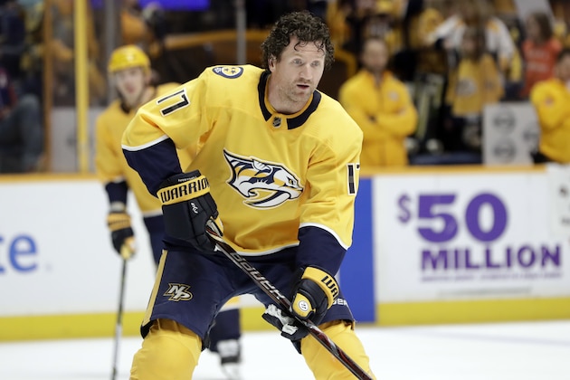Nashville Predators left wing Scott Hartnell (17) warms up before an NHL hockey game against the Buffalo Sabres Saturday, March 31, 2018, in Nashville, Tenn. (AP Photo/Mark Humphrey)