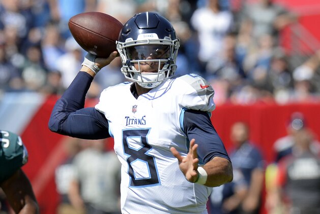 Tennessee Titans quarterback Marcus Mariota passes against the Philadelphia Eagles in the first half of an NFL football game Sunday, Sept. 30, 2018, in Nashville, Tenn. (AP Photo/Mark Zaleski)