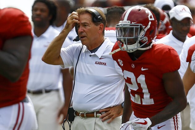 Alabama head coach Nick Saban reacts after Alabama place kicker Joseph Bulovas (97) missed a field goal during the second half of an NCAA college football game against Louisiana-Lafayette, Saturday, Sept. 29, 2018, in Tuscaloosa, Ala. Alabama won 56-14. (AP Photo/Butch Dill)