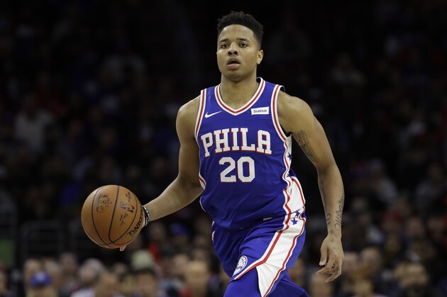Philadelphia 76ers' Markelle Fultz in action during an NBA basketball game against the Denver Nuggets, Monday, March 26, 2018, in Philadelphia. (AP Photo/Matt Slocum)
