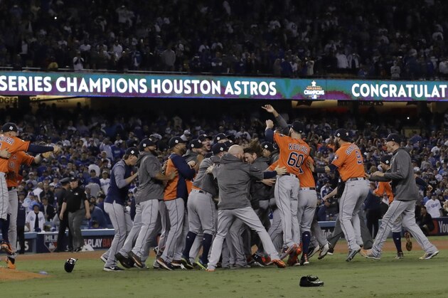 The Houston Astros celebrate after Game 7 of baseball's World Series against the Los Angeles Dodgers Wednesday, Nov. 1, 2017, in Los Angeles. The Astros won 5-1 to win the series 4-3. (AP Photo/David J. Phillip)