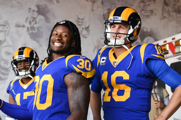 LOS ANGELES, CA - SEPTEMBER 27: Running back Todd Gurley #30 and quarterback Jared Goff #16 of the Los Angeles Rams enter the stadium through the tunnel area of their game against the Minnesota Vikings at Los Angeles Memorial Coliseum on September 27, 2018 in Los Angeles, California. (Photo by Harry How/Getty Images)